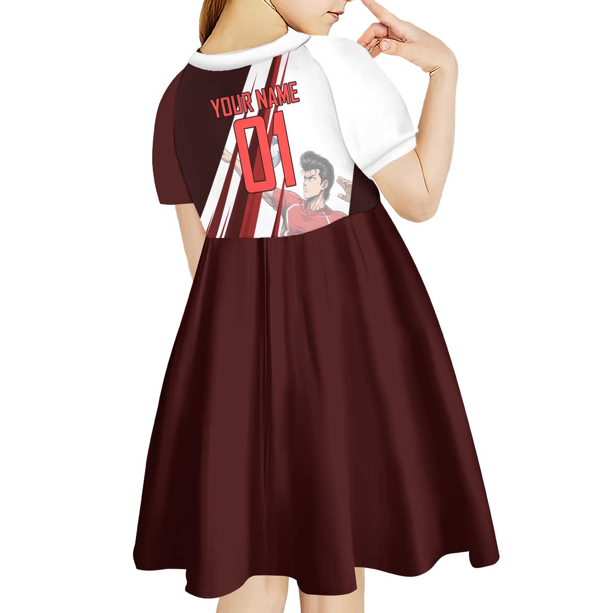Personalized Metal Bat Volleyball Design Kid Short Sleeve Dress with Red Athletic Theme and Powerful Action Pose