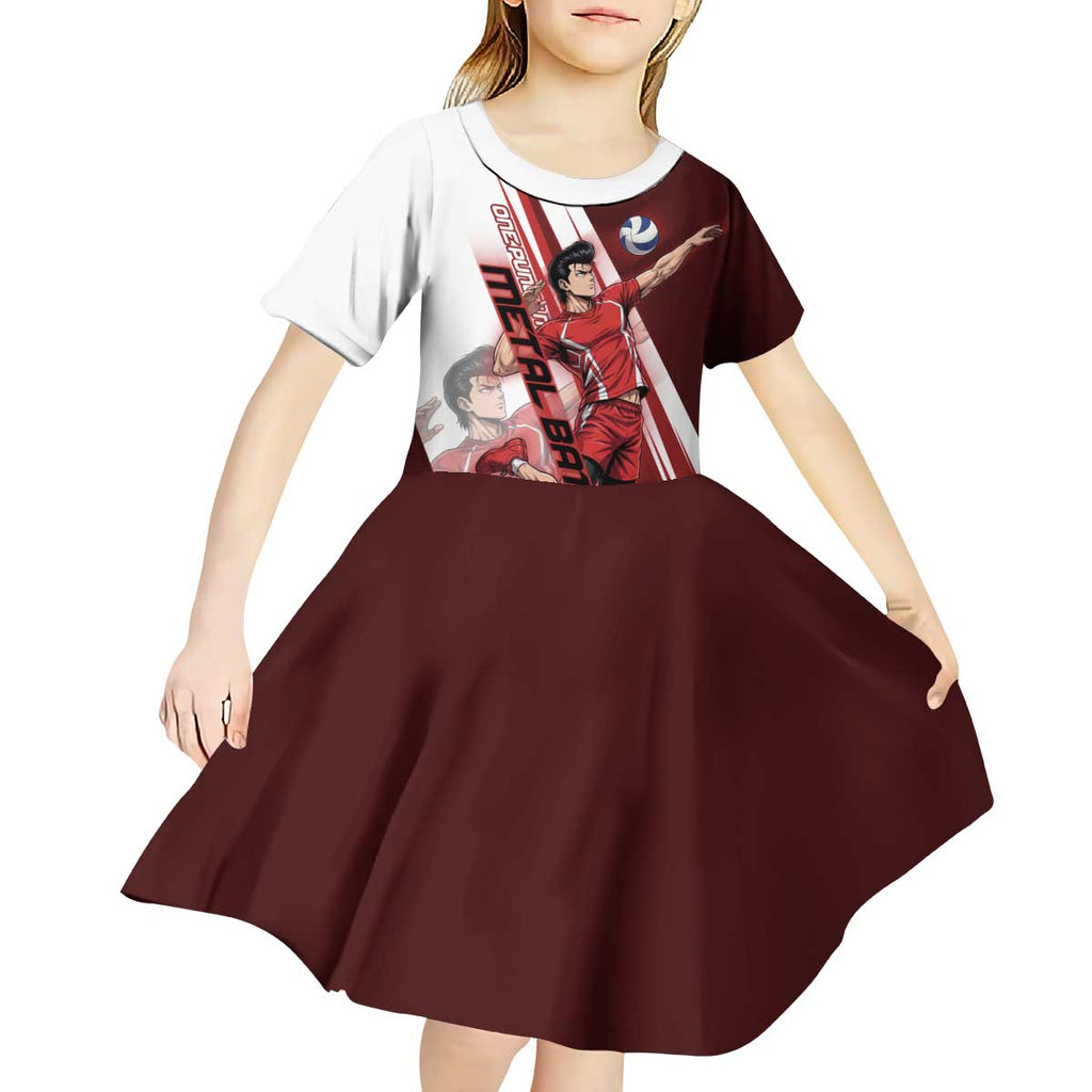 Personalized Metal Bat Volleyball Design Kid Short Sleeve Dress with Red Athletic Theme and Powerful Action Pose
