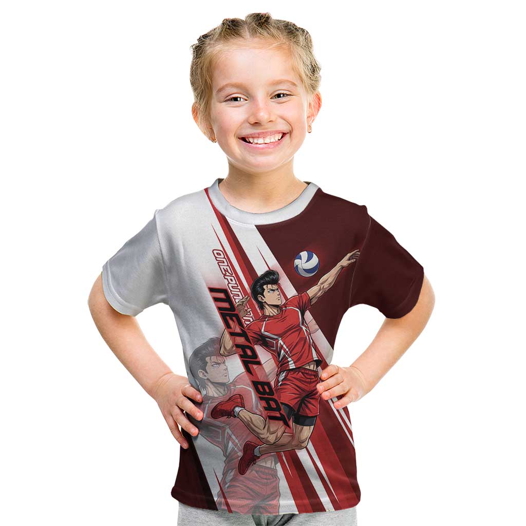 Personalized Metal Bat Volleyball Design Kid T Shirt with Red Athletic Theme and Powerful Action Pose