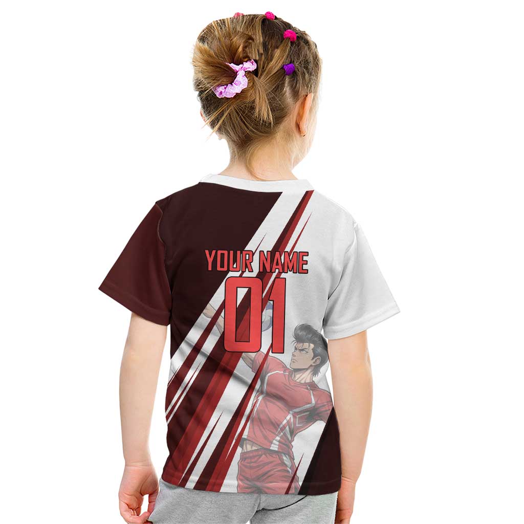 Personalized Metal Bat Volleyball Design Kid T Shirt with Red Athletic Theme and Powerful Action Pose