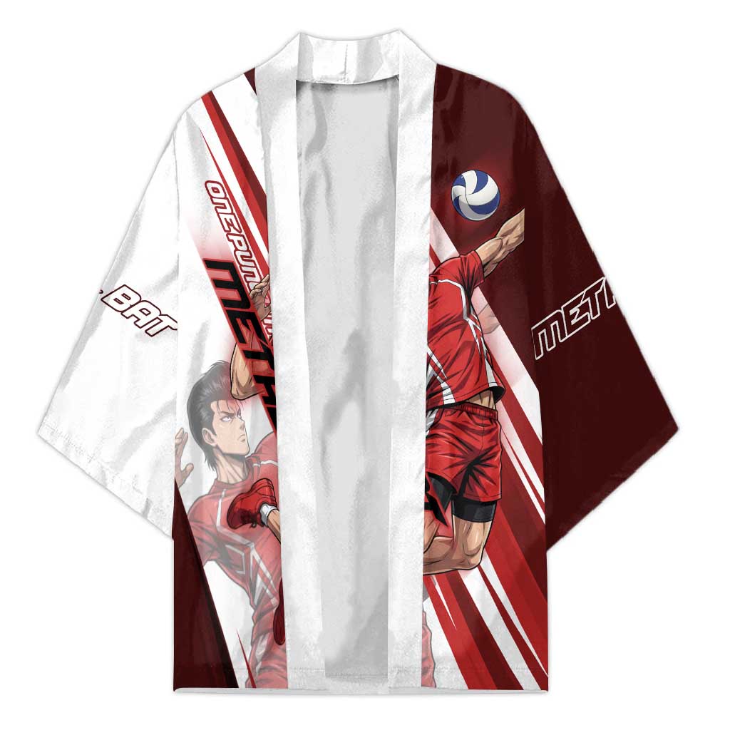 Personalized Metal Bat Volleyball Design Kimono with Red Athletic Theme and Powerful Action Pose