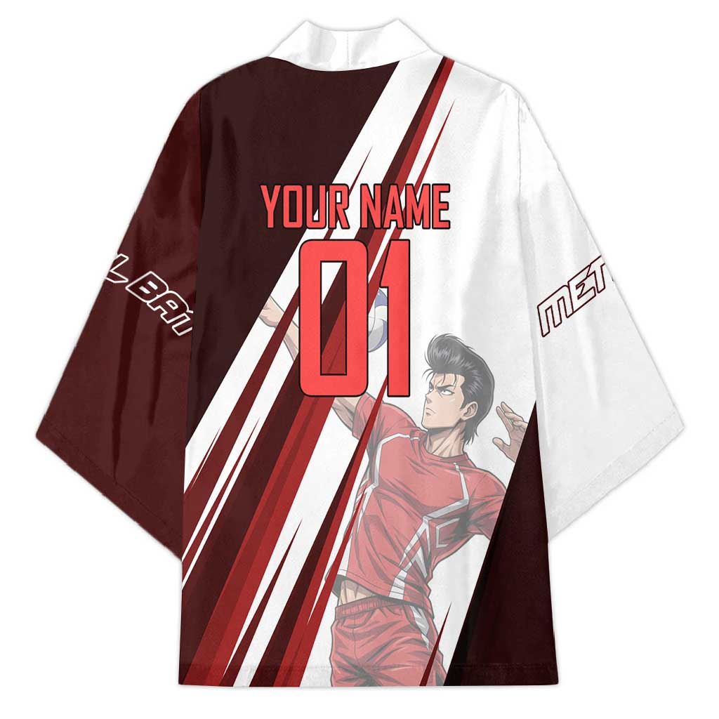 Personalized Metal Bat Volleyball Design Kimono with Red Athletic Theme and Powerful Action Pose