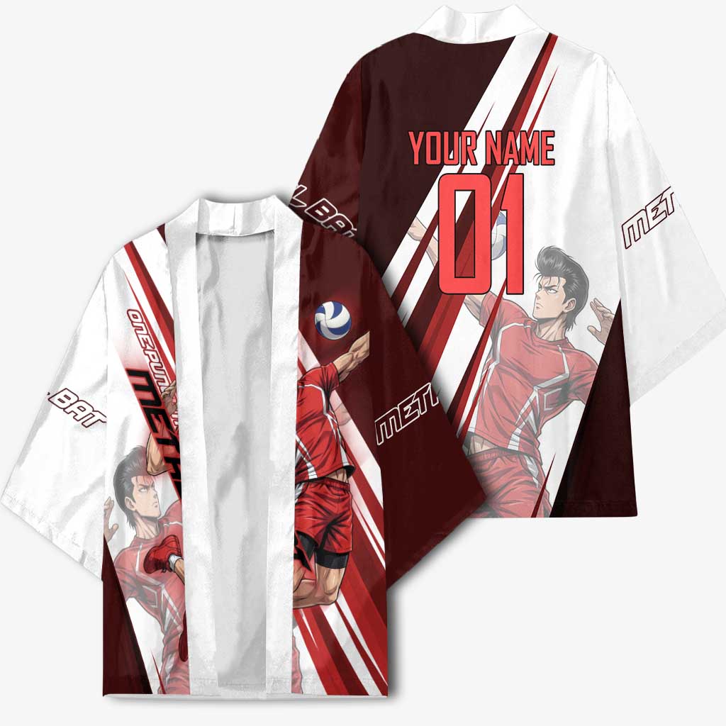 Personalized Metal Bat Volleyball Design Kimono with Red Athletic Theme and Powerful Action Pose