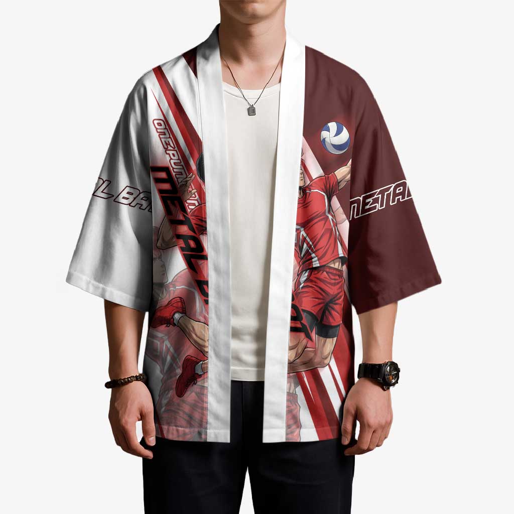 Personalized Metal Bat Volleyball Design Kimono with Red Athletic Theme and Powerful Action Pose