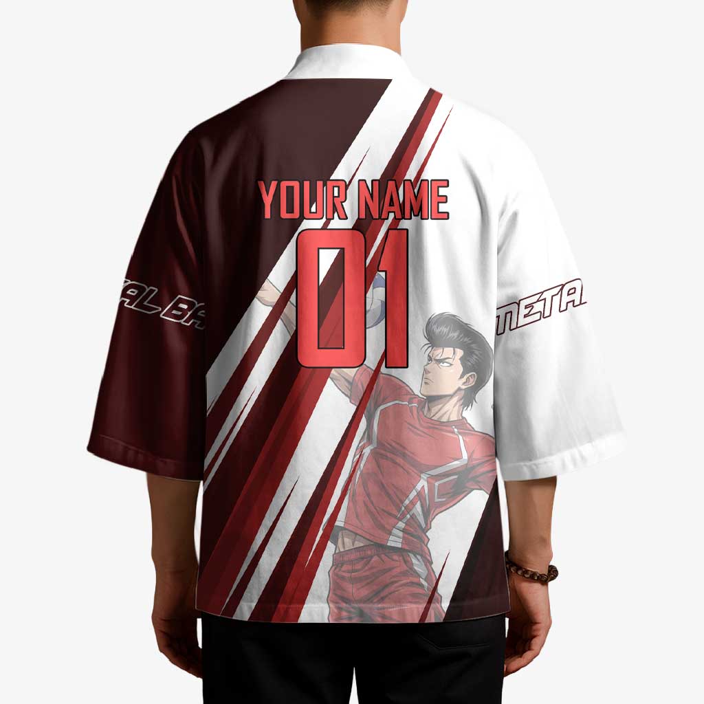 Personalized Metal Bat Volleyball Design Kimono with Red Athletic Theme and Powerful Action Pose