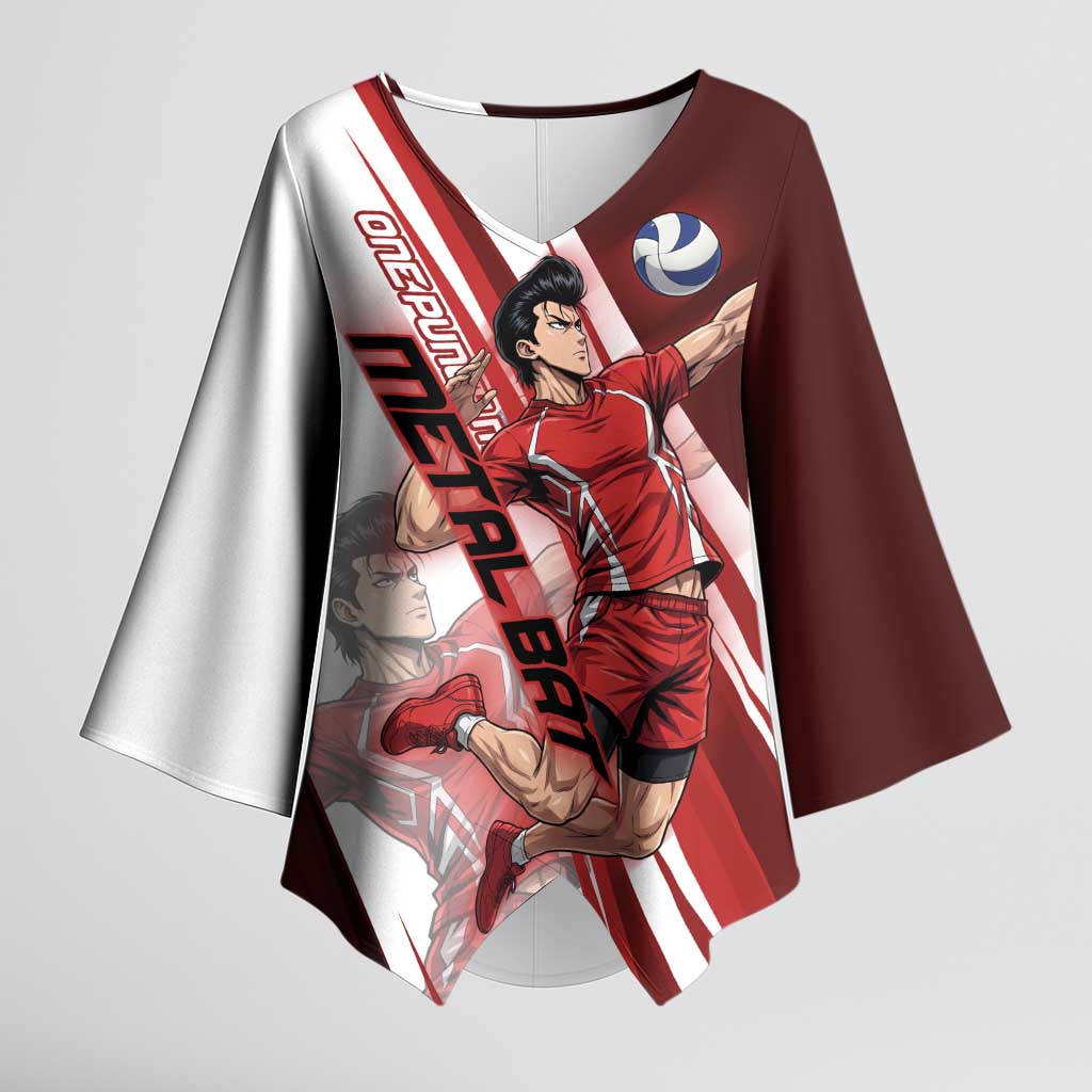 Personalized Metal Bat Volleyball Design Kimono Sleeve Blouse with Red Athletic Theme and Powerful Action Pose