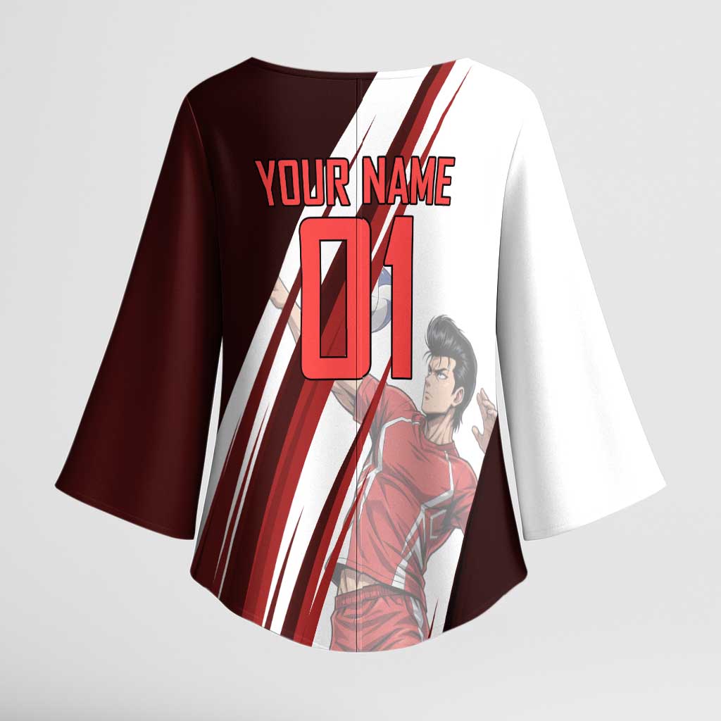 Personalized Metal Bat Volleyball Design Kimono Sleeve Blouse with Red Athletic Theme and Powerful Action Pose