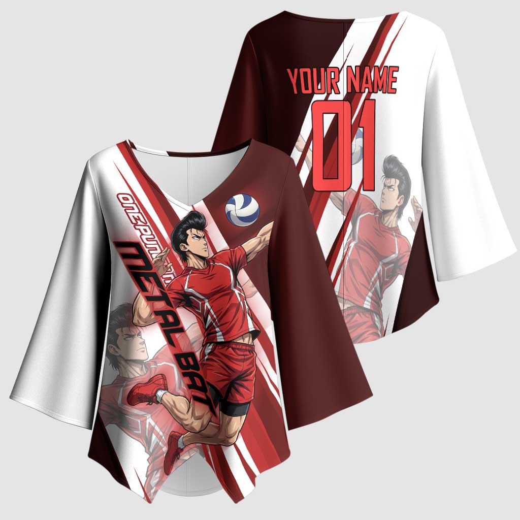 Personalized Metal Bat Volleyball Design Kimono Sleeve Blouse with Red Athletic Theme and Powerful Action Pose