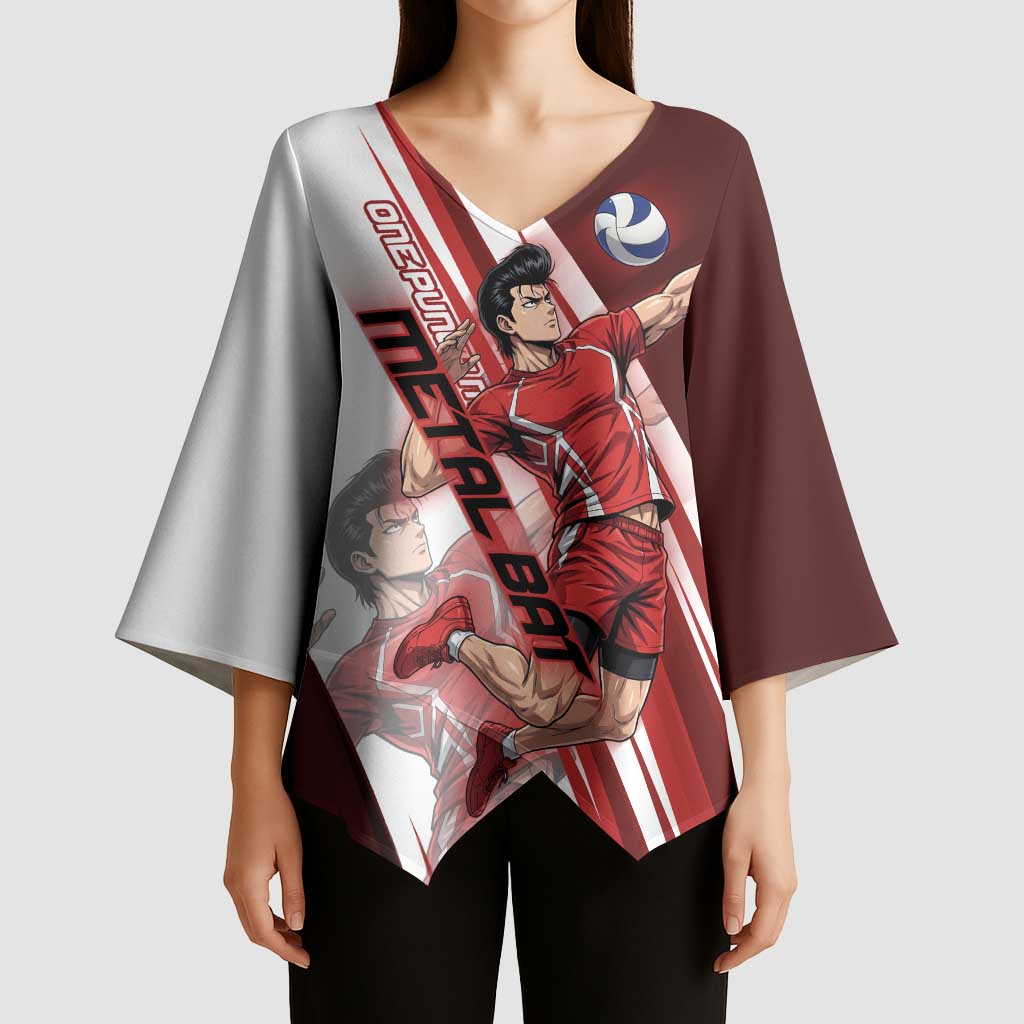Personalized Metal Bat Volleyball Design Kimono Sleeve Blouse with Red Athletic Theme and Powerful Action Pose