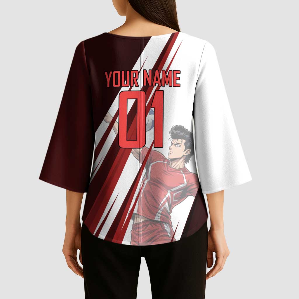 Personalized Metal Bat Volleyball Design Kimono Sleeve Blouse with Red Athletic Theme and Powerful Action Pose