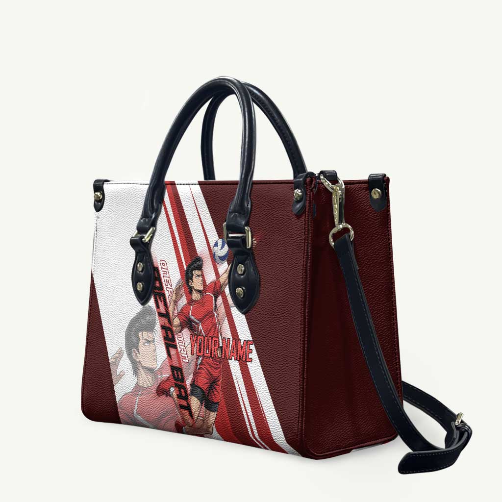 Personalized Metal Bat Volleyball Design Leather Bag with Red Athletic Theme and Powerful Action Pose