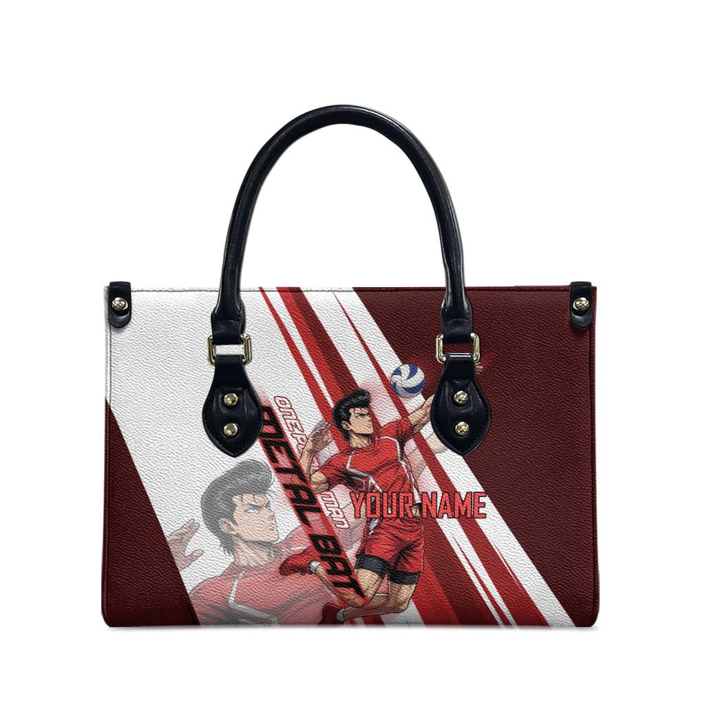 Personalized Metal Bat Volleyball Design Leather Bag with Red Athletic Theme and Powerful Action Pose