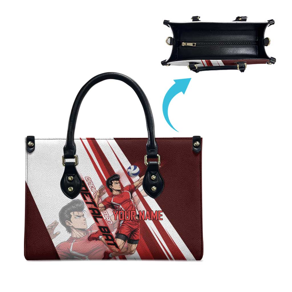 Personalized Metal Bat Volleyball Design Leather Bag with Red Athletic Theme and Powerful Action Pose