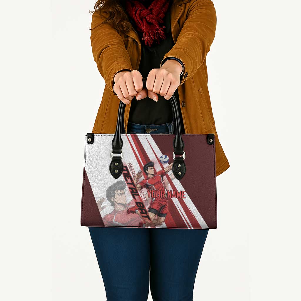 Personalized Metal Bat Volleyball Design Leather Bag with Red Athletic Theme and Powerful Action Pose