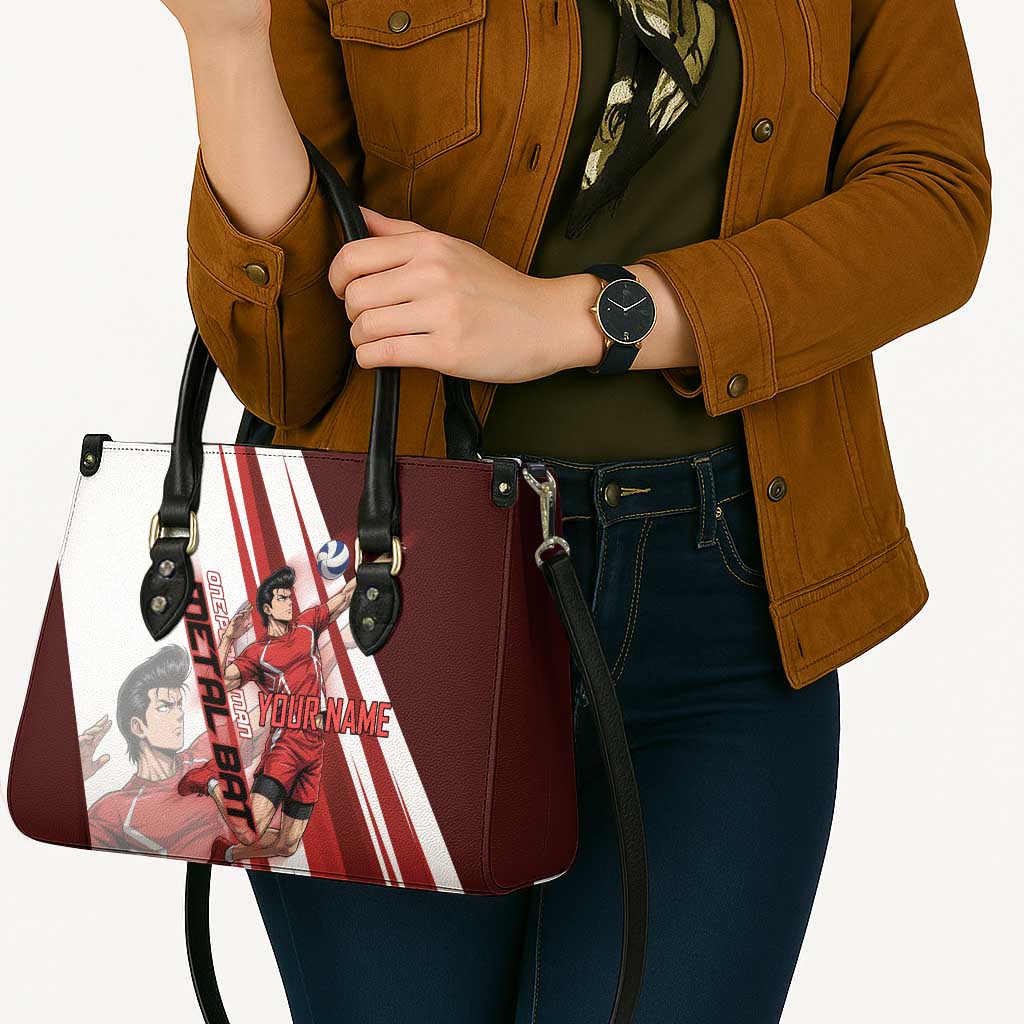Personalized Metal Bat Volleyball Design Leather Bag with Red Athletic Theme and Powerful Action Pose