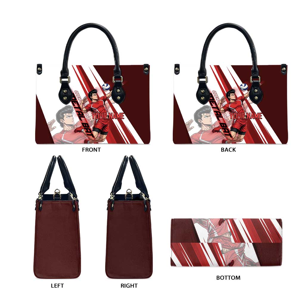 Personalized Metal Bat Volleyball Design Leather Bag with Red Athletic Theme and Powerful Action Pose