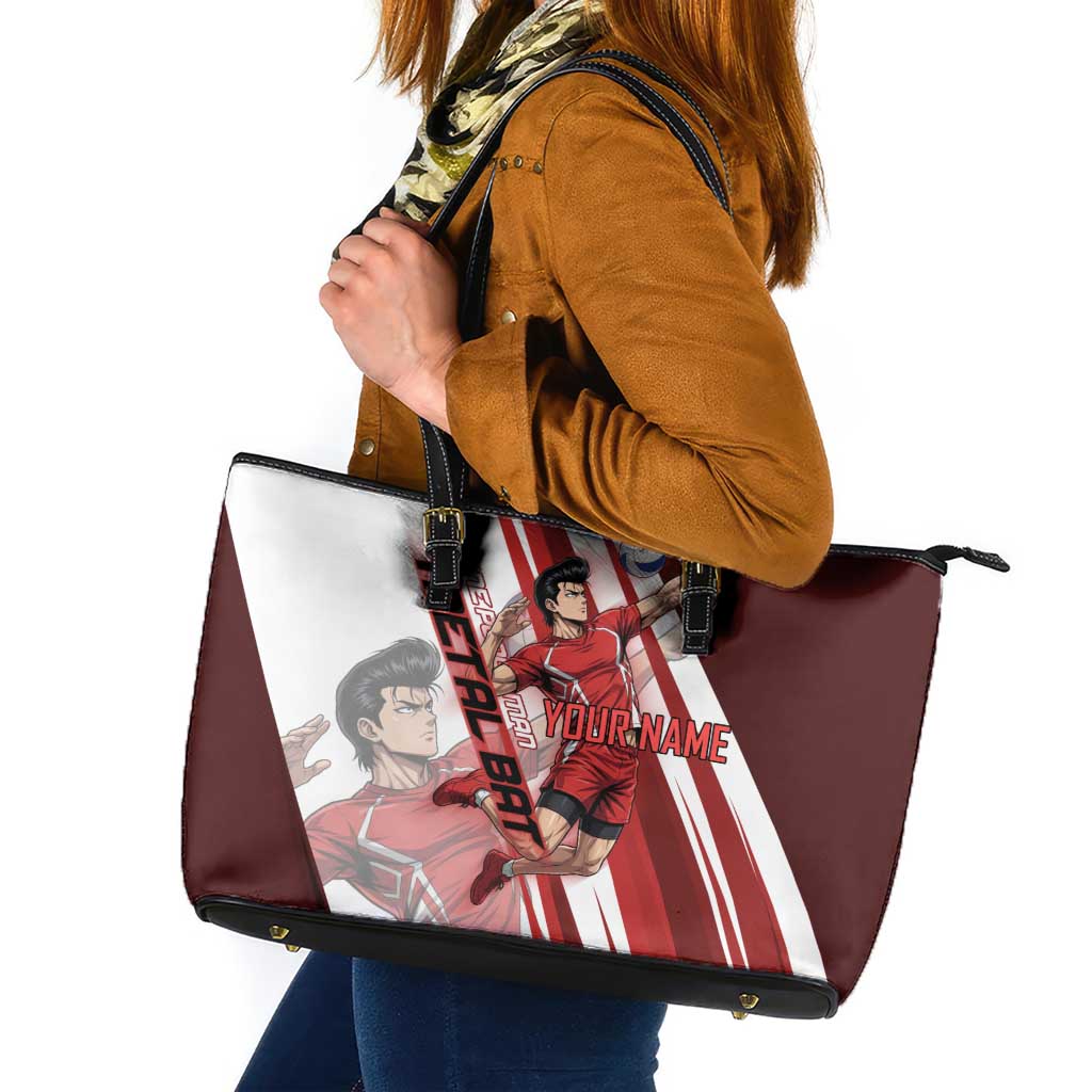 Personalized Metal Bat Volleyball Design Leather Tote Bag with Red Athletic Theme and Powerful Action Pose