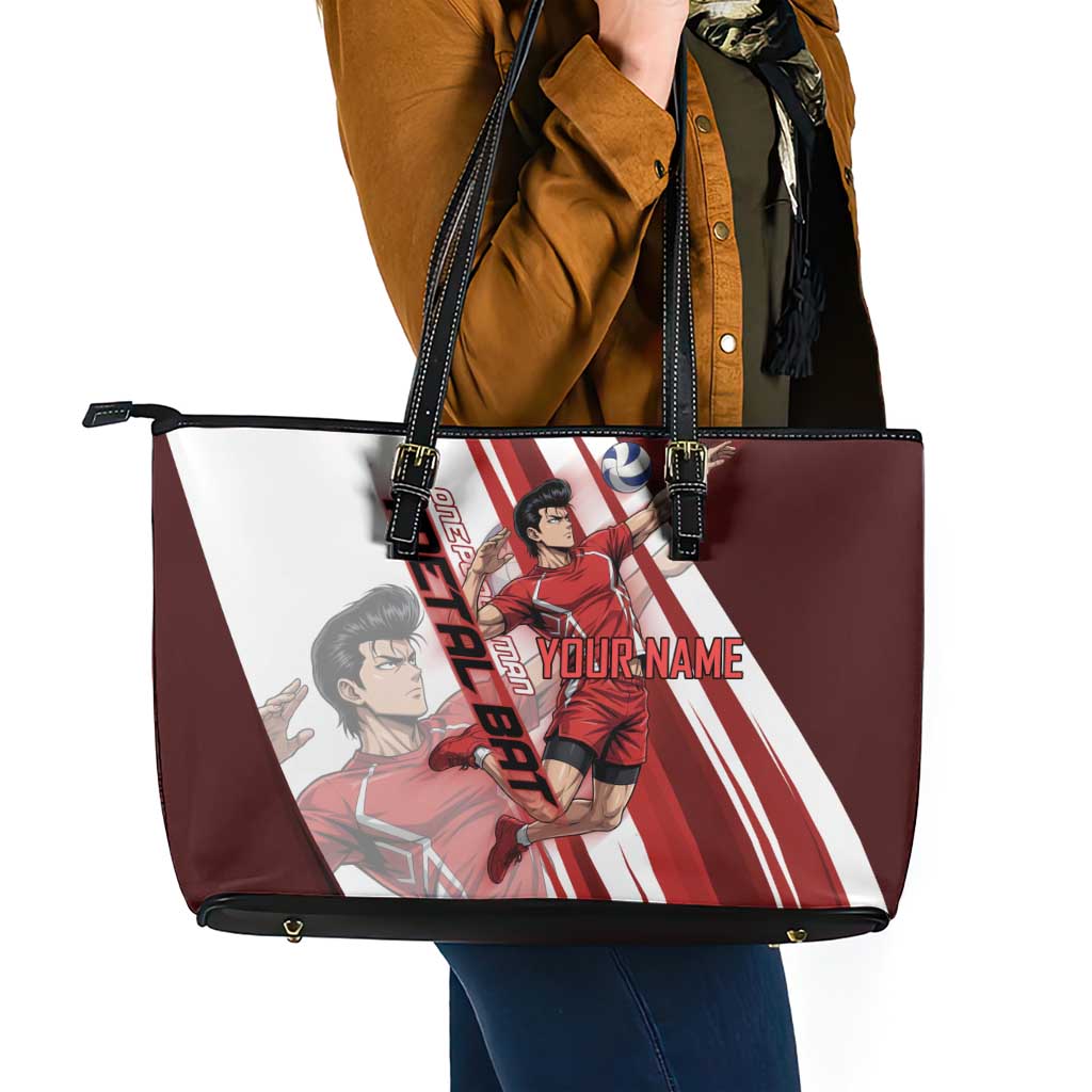 Personalized Metal Bat Volleyball Design Leather Tote Bag with Red Athletic Theme and Powerful Action Pose
