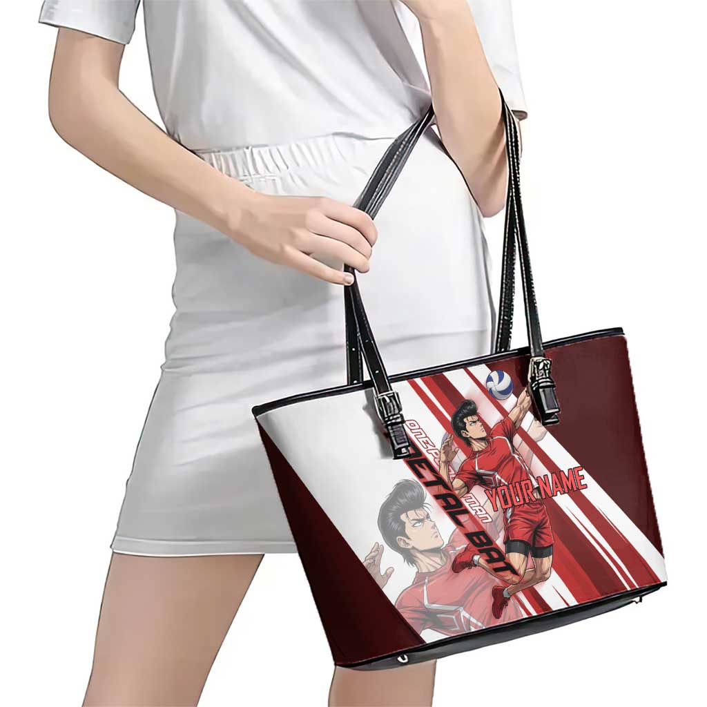 Personalized Metal Bat Volleyball Design Leather Tote Bag with Red Athletic Theme and Powerful Action Pose