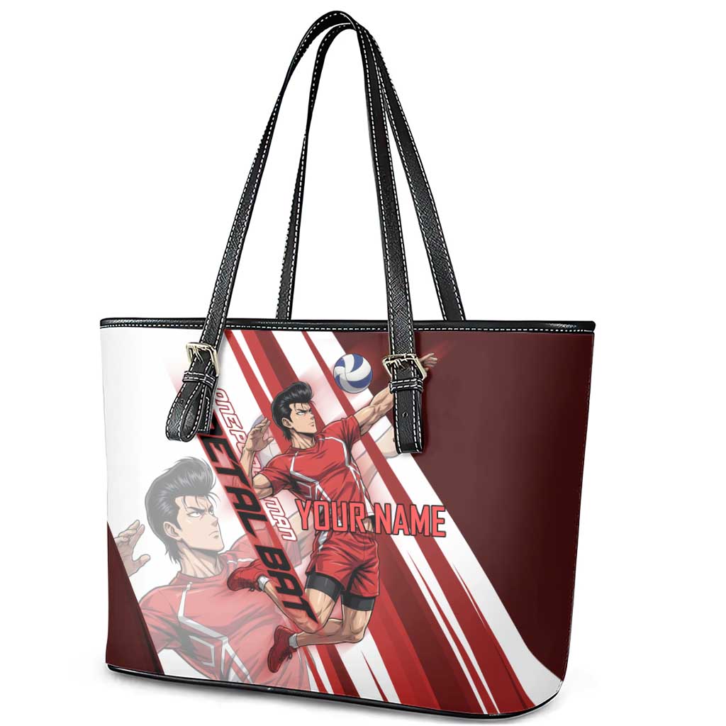 Personalized Metal Bat Volleyball Design Leather Tote Bag with Red Athletic Theme and Powerful Action Pose