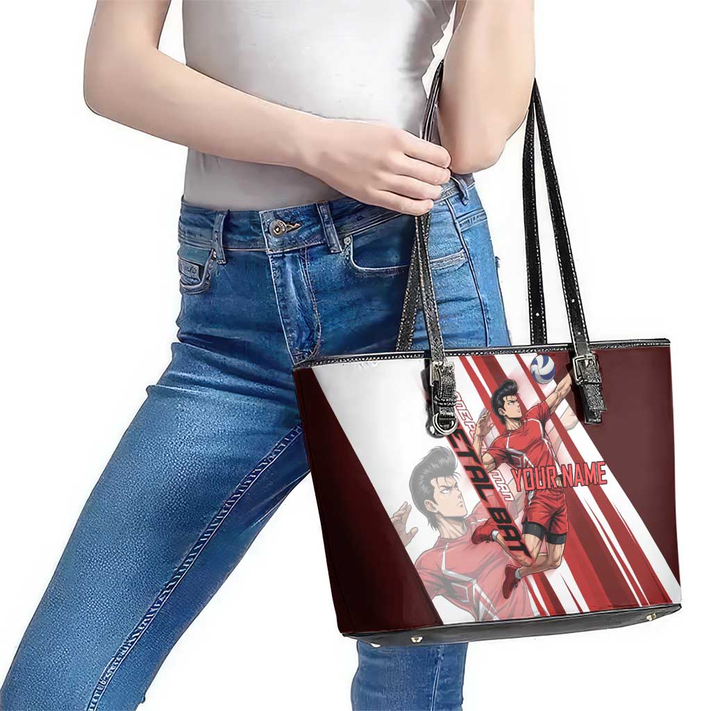 Personalized Metal Bat Volleyball Design Leather Tote Bag with Red Athletic Theme and Powerful Action Pose