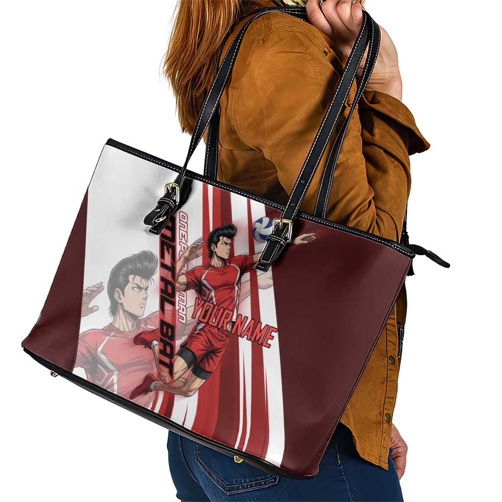 Personalized Metal Bat Volleyball Design Leather Tote Bag with Red Athletic Theme and Powerful Action Pose