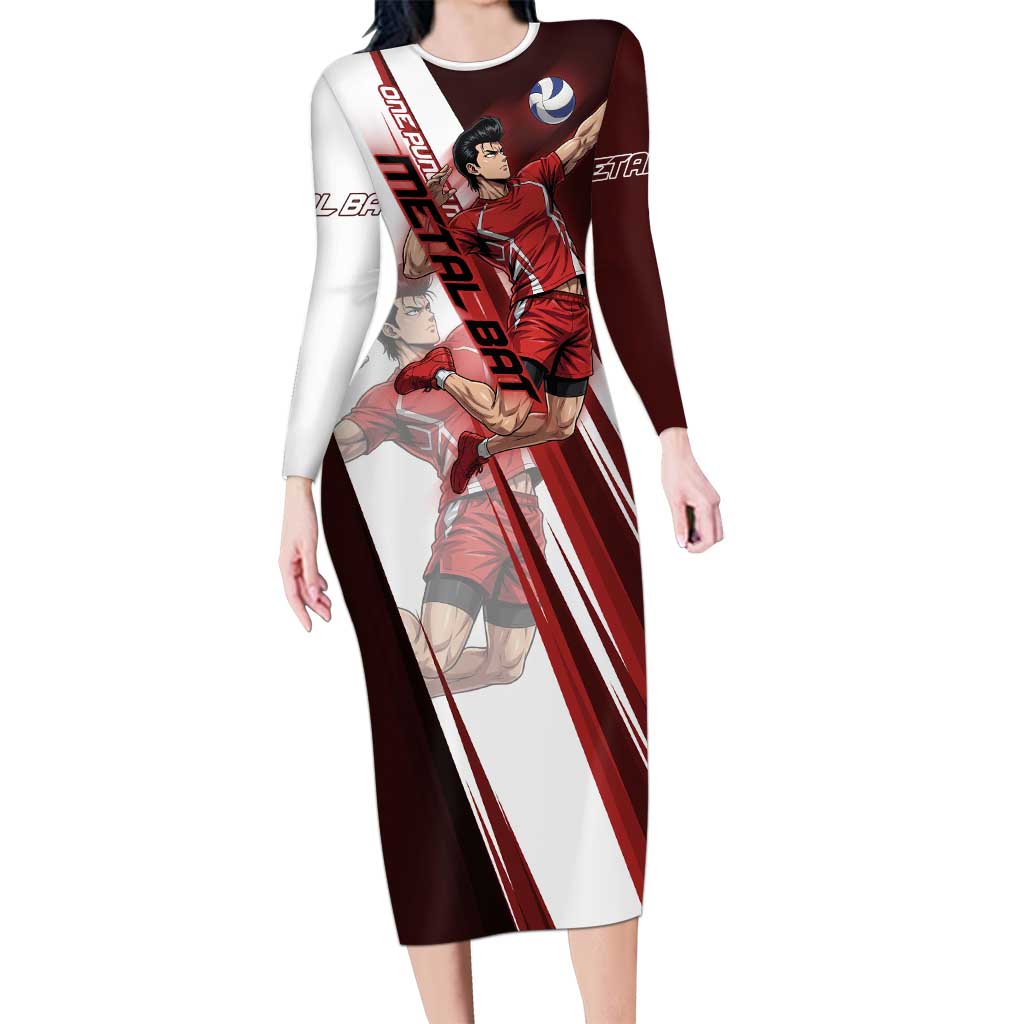 Personalized Metal Bat Volleyball Design Long Sleeve Bodycon Dress with Red Athletic Theme and Powerful Action Pose