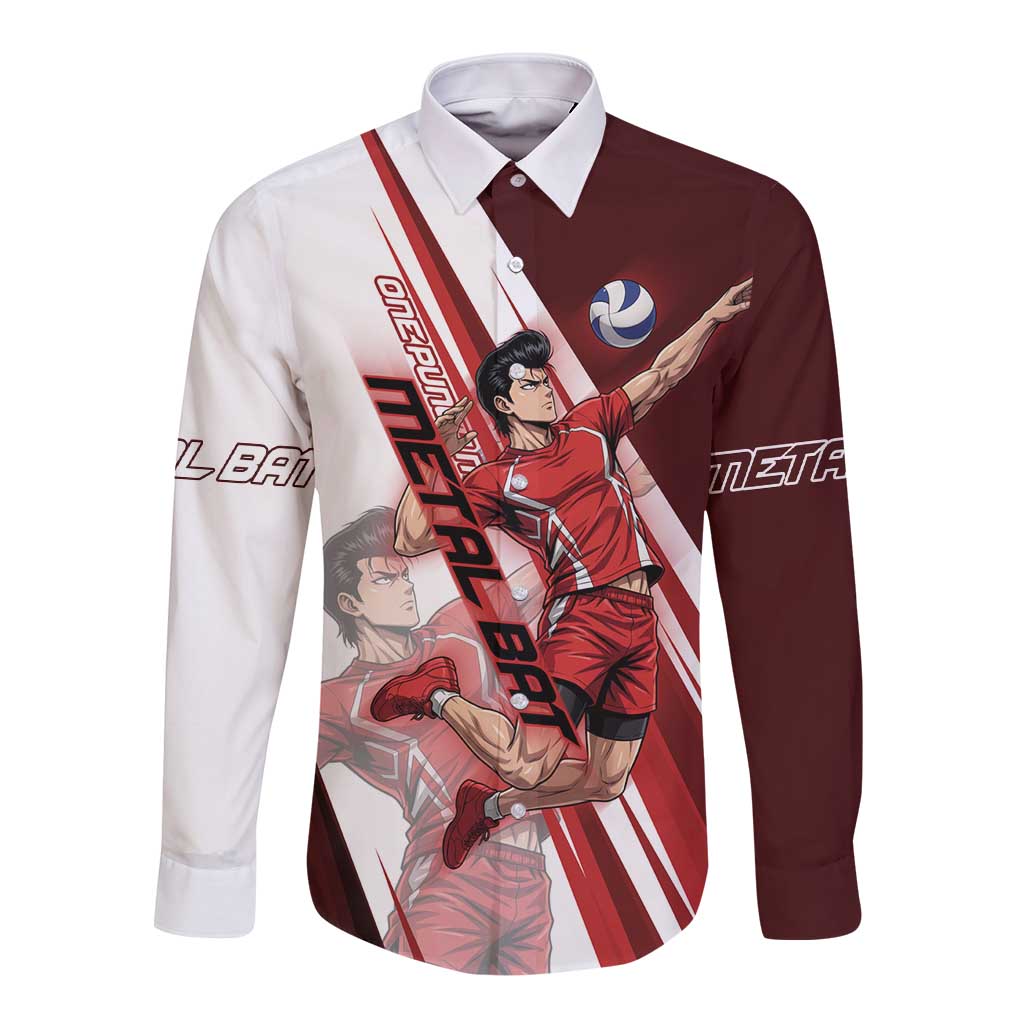 Personalized Metal Bat Volleyball Design Long Sleeve Button Shirt with Red Athletic Theme and Powerful Action Pose