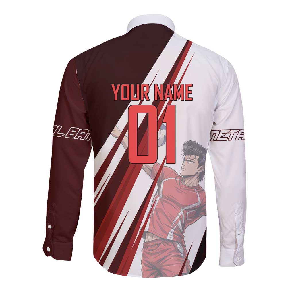Personalized Metal Bat Volleyball Design Long Sleeve Button Shirt with Red Athletic Theme and Powerful Action Pose