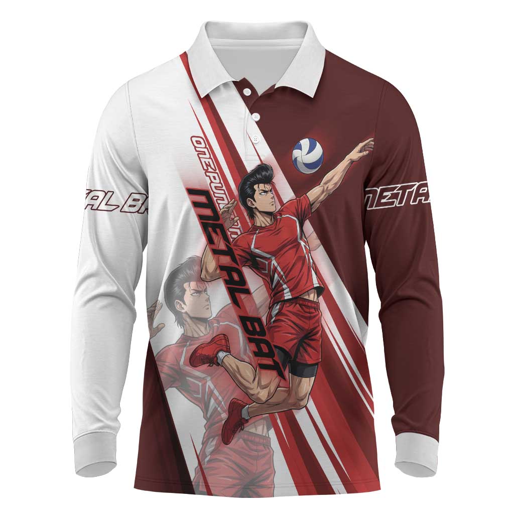Personalized Metal Bat Volleyball Design Long Sleeve Polo Shirt with Red Athletic Theme and Powerful Action Pose