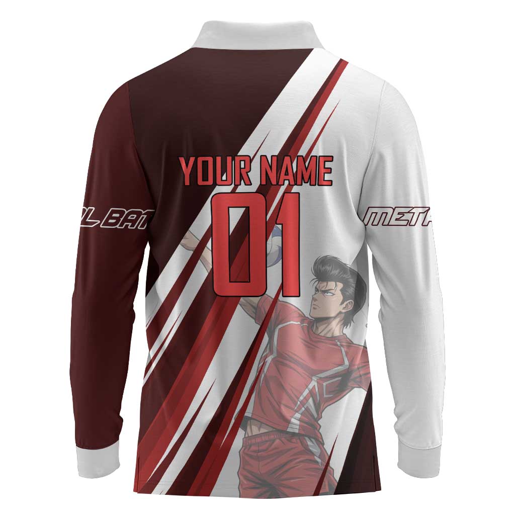 Personalized Metal Bat Volleyball Design Long Sleeve Polo Shirt with Red Athletic Theme and Powerful Action Pose