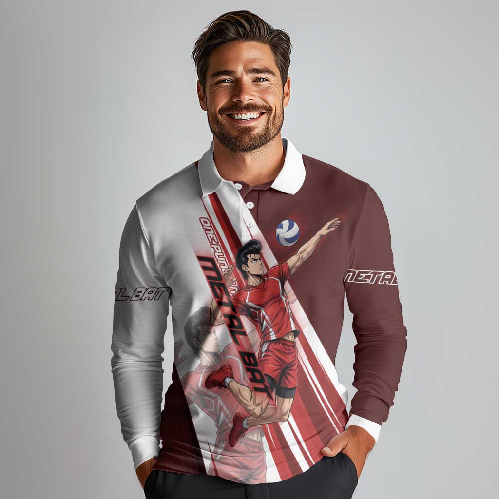 Personalized Metal Bat Volleyball Design Long Sleeve Polo Shirt with Red Athletic Theme and Powerful Action Pose
