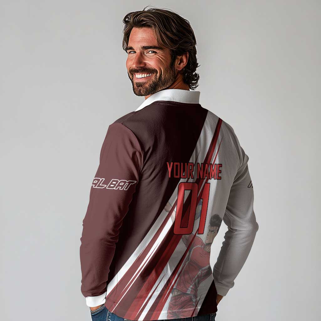 Personalized Metal Bat Volleyball Design Long Sleeve Polo Shirt with Red Athletic Theme and Powerful Action Pose
