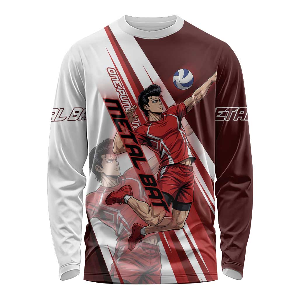 Personalized Metal Bat Volleyball Design Long Sleeve Shirt with Red Athletic Theme and Powerful Action Pose