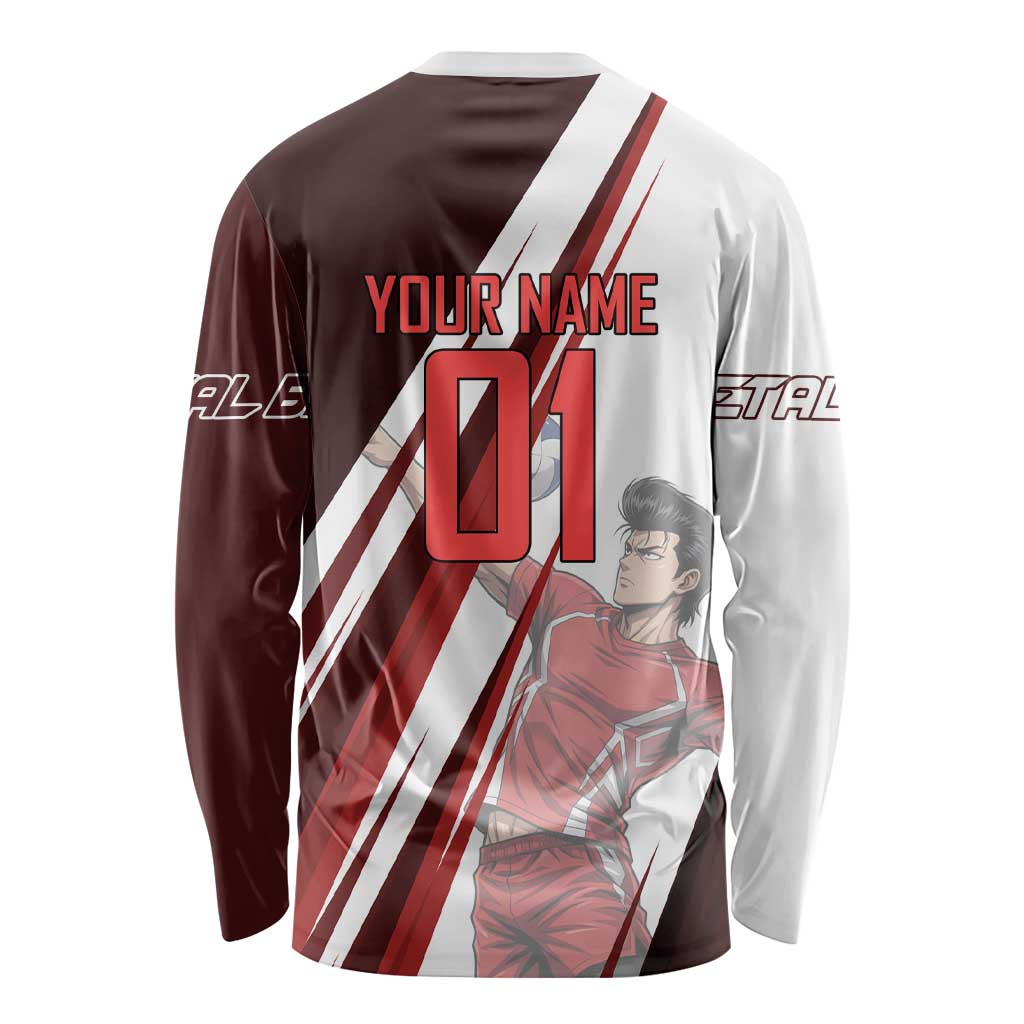 Personalized Metal Bat Volleyball Design Long Sleeve Shirt with Red Athletic Theme and Powerful Action Pose