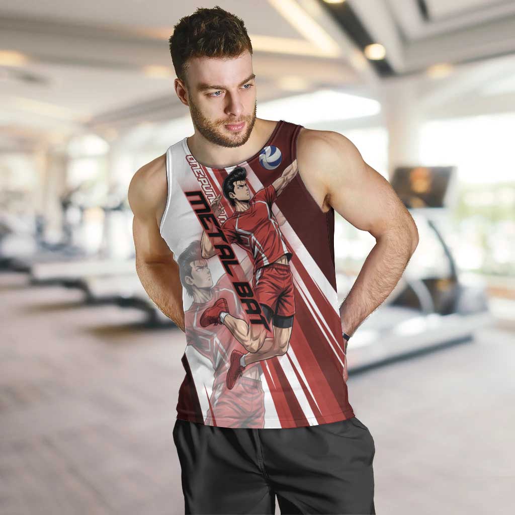 Personalized Metal Bat Volleyball Design Men Tank Top with Red Athletic Theme and Powerful Action Pose