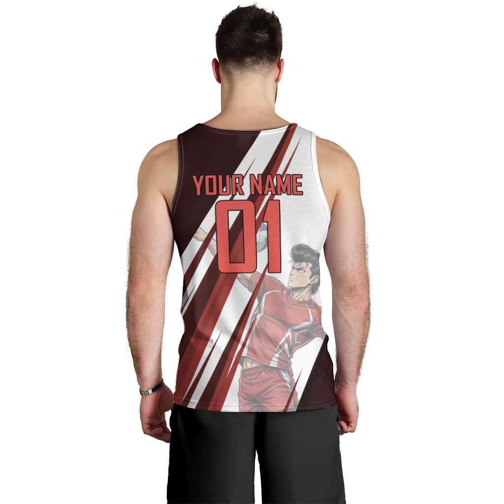 Personalized Metal Bat Volleyball Design Men Tank Top with Red Athletic Theme and Powerful Action Pose