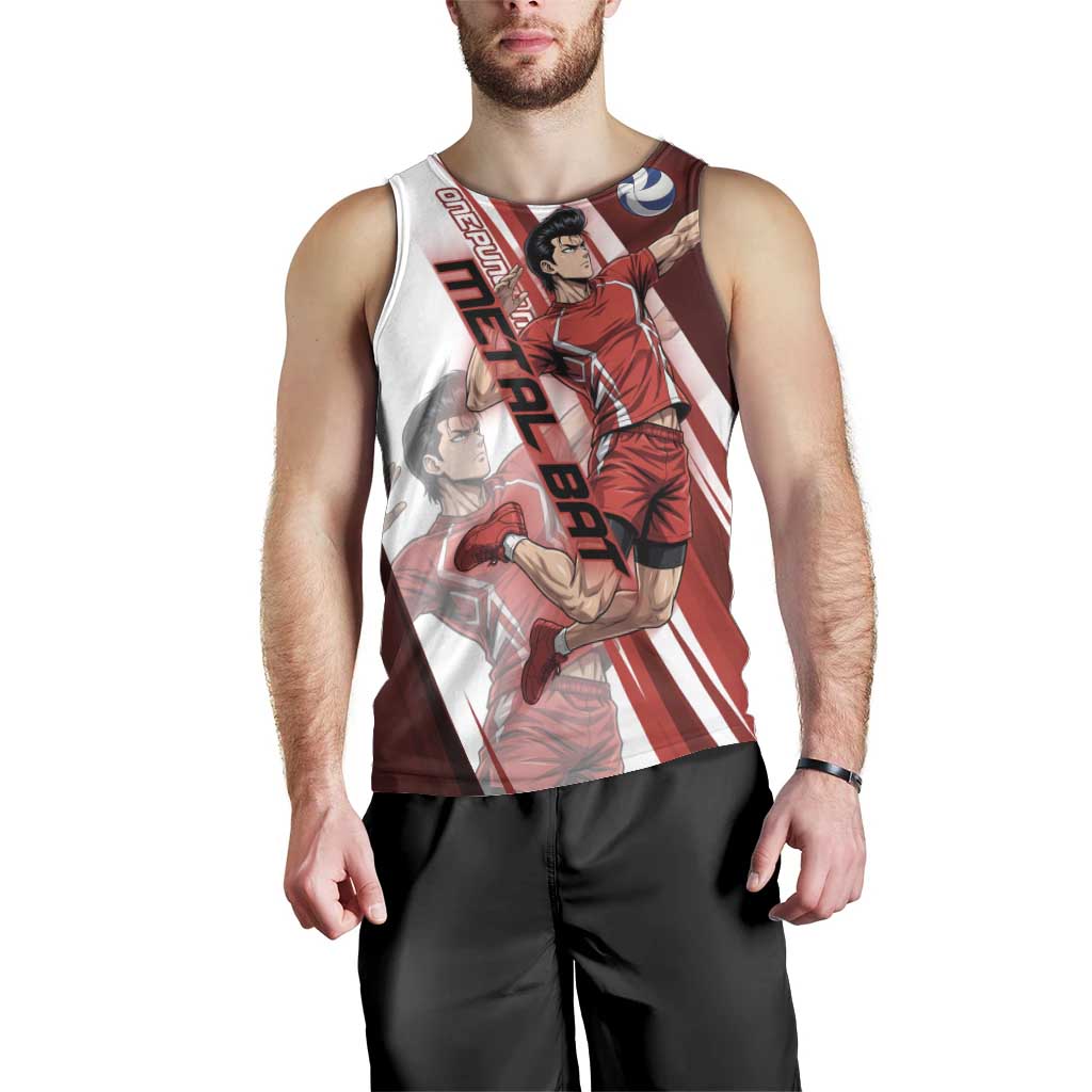 Personalized Metal Bat Volleyball Design Men Tank Top with Red Athletic Theme and Powerful Action Pose