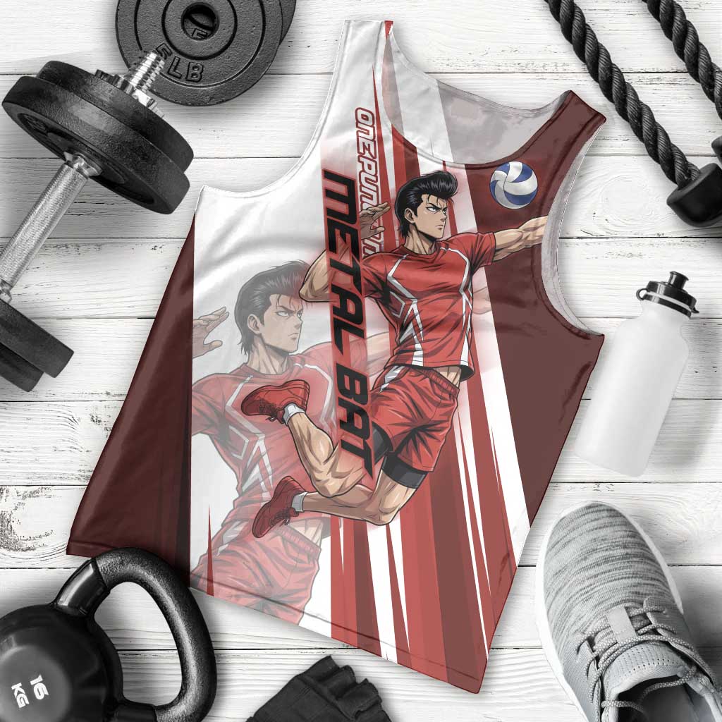 Personalized Metal Bat Volleyball Design Men Tank Top with Red Athletic Theme and Powerful Action Pose