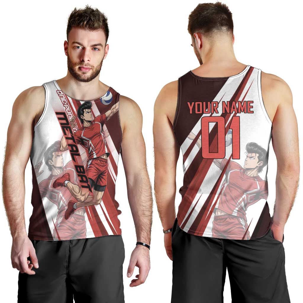 Personalized Metal Bat Volleyball Design Men Tank Top with Red Athletic Theme and Powerful Action Pose