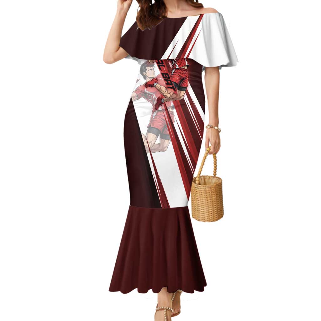 Personalized Metal Bat Volleyball Design Mermaid Dress with Red Athletic Theme and Powerful Action Pose