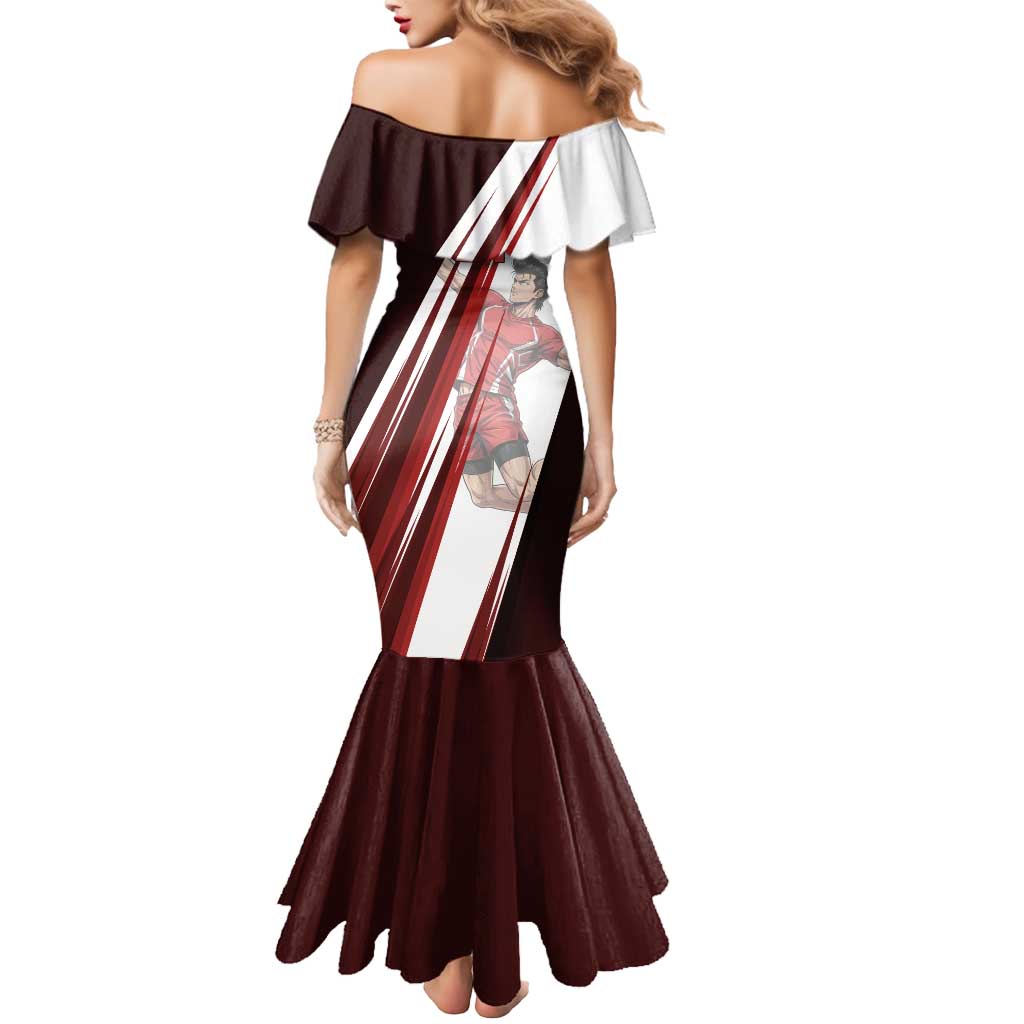 Personalized Metal Bat Volleyball Design Mermaid Dress with Red Athletic Theme and Powerful Action Pose