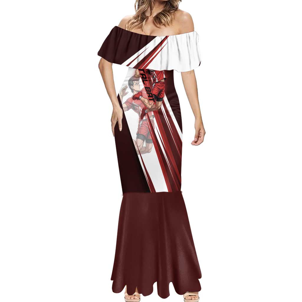 Personalized Metal Bat Volleyball Design Mermaid Dress with Red Athletic Theme and Powerful Action Pose