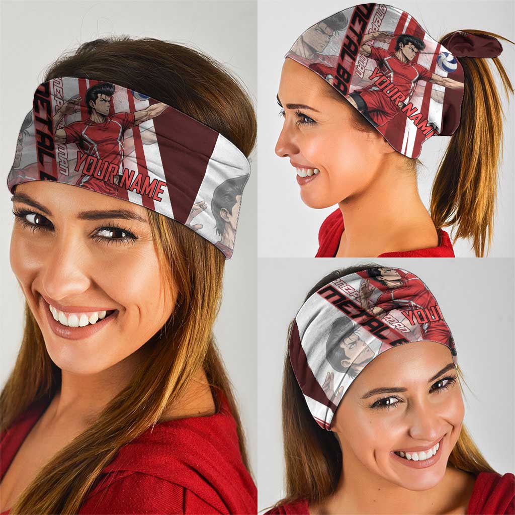 Personalized Metal Bat Volleyball Design Neck Gaiter with Red Athletic Theme and Powerful Action Pose