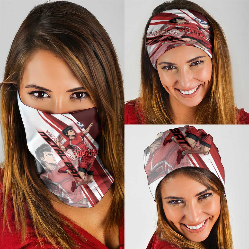Personalized Metal Bat Volleyball Design Neck Gaiter with Red Athletic Theme and Powerful Action Pose