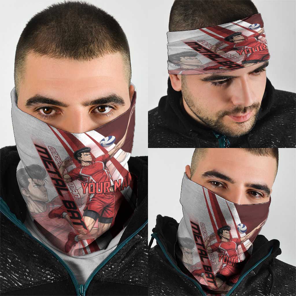 Personalized Metal Bat Volleyball Design Neck Gaiter with Red Athletic Theme and Powerful Action Pose