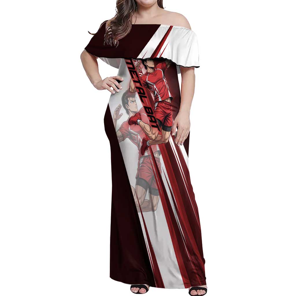 Personalized Metal Bat Volleyball Design Off Shoulder Maxi Dress with Red Athletic Theme and Powerful Action Pose