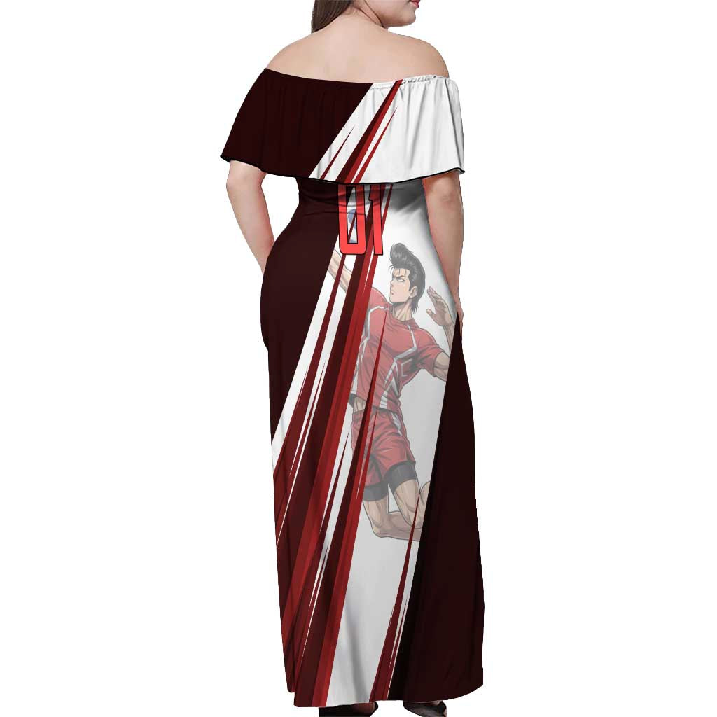 Personalized Metal Bat Volleyball Design Off Shoulder Maxi Dress with Red Athletic Theme and Powerful Action Pose