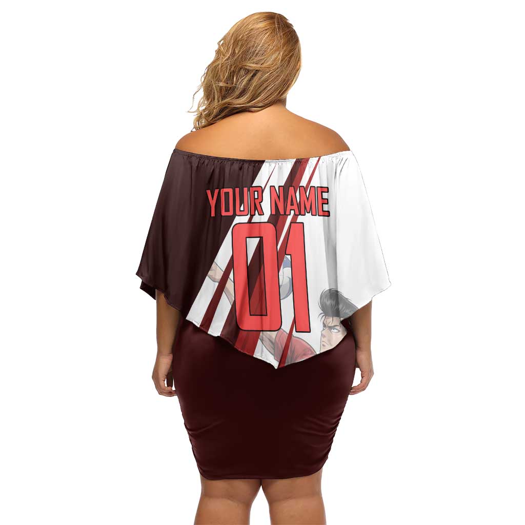 Personalized Metal Bat Volleyball Design Off Shoulder Short Dress with Red Athletic Theme and Powerful Action Pose
