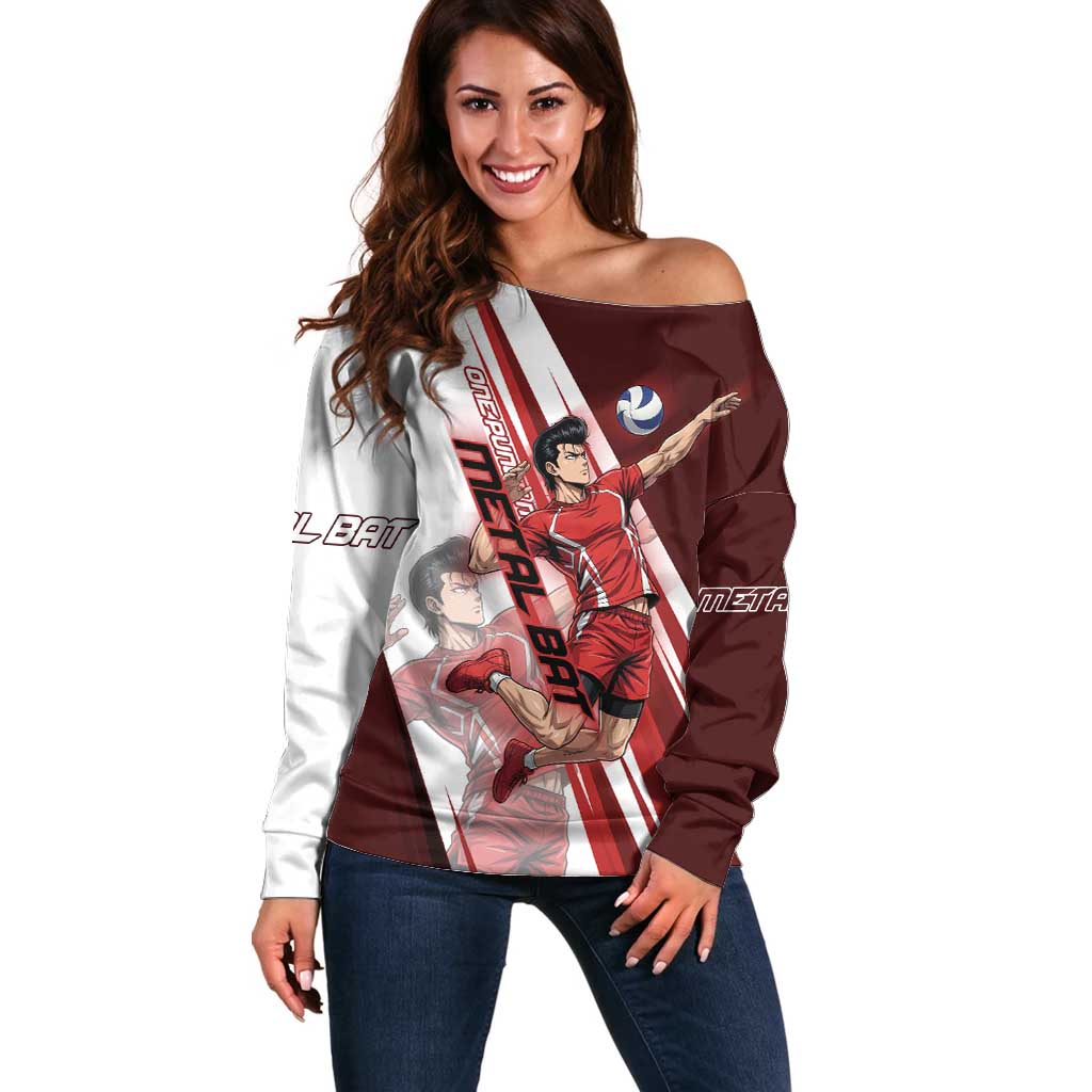 Personalized Metal Bat Volleyball Design Off Shoulder Sweater with Red Athletic Theme and Powerful Action Pose